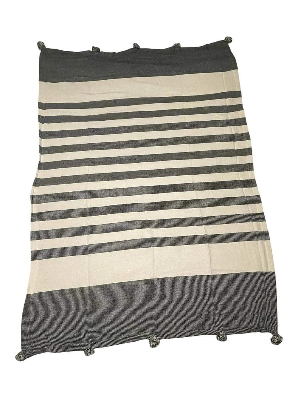 Woven Throw Blanket Black Off White 100% Cotton 50”x70” Striped Pompoms Gift
